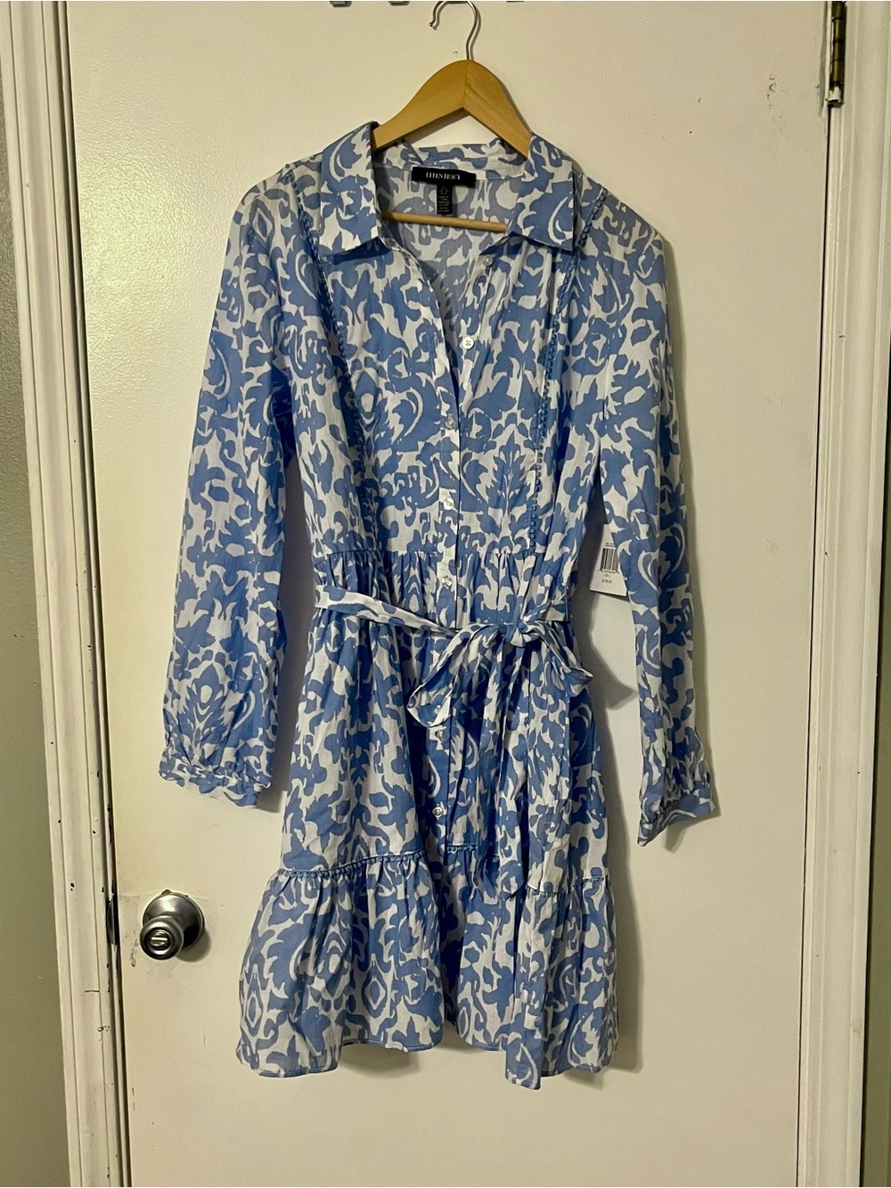 Ellen Tracy Light Blue and White French Damask Printed Long Sleeve Shirt Dress
